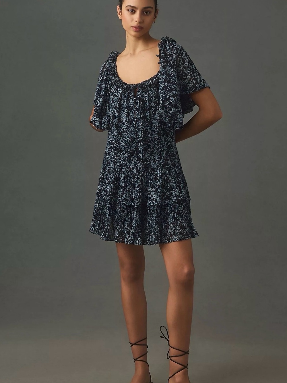 Anthropologie Keyhole Swing Tunic Mini Dress Medium Floral Boho Blue Cottage